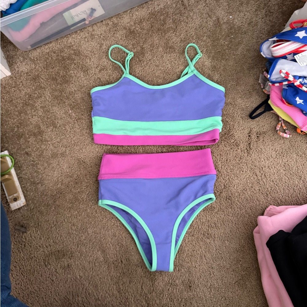 Beach Riot Kids Bikini in Purple, Green, and Pink 11/12